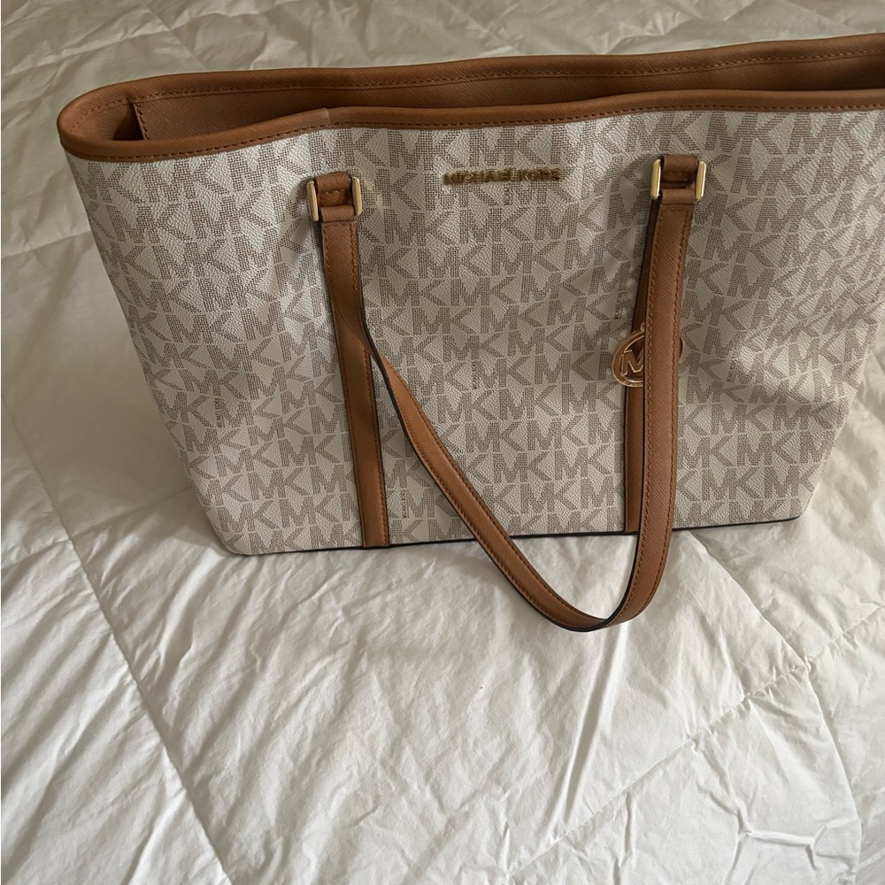 Michael Kors Monogram Cream and Tan Tote